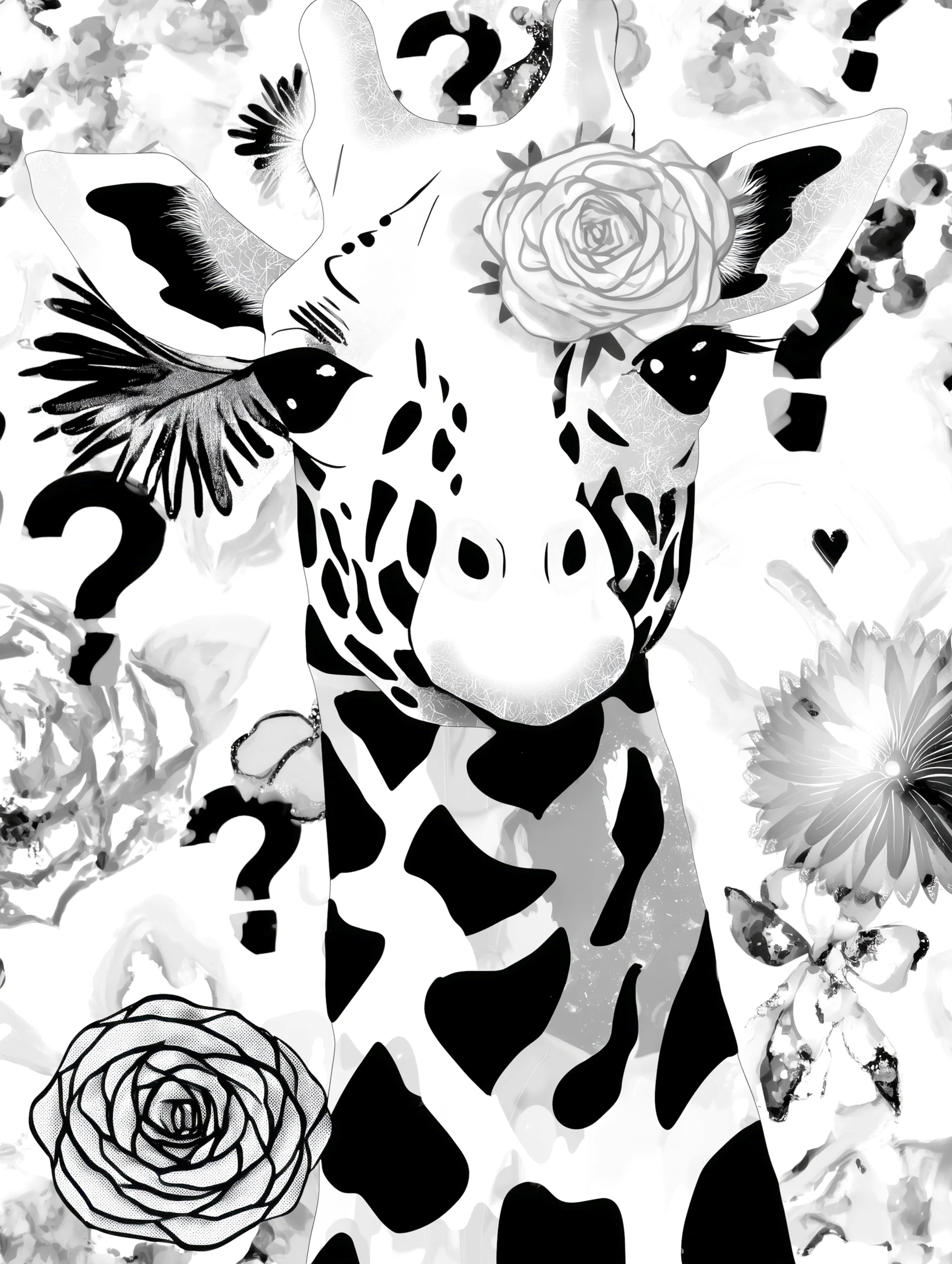 Free printable giraffe coloring page featuring question marks giraffe